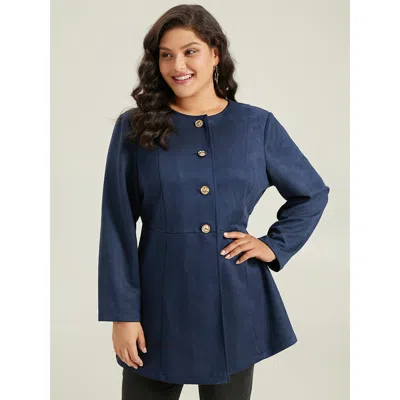 Bloomchic Women's Plus Size Plain Pleated Metal Detail Jacket Darkblue Plain 14-16/1x In Blue