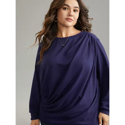 Bloomchic Women's Plus Size Plain Pleated Round Neck Slightly Stretchy Sweatshirt Eggplant Plain Everyday 10/m In Purple