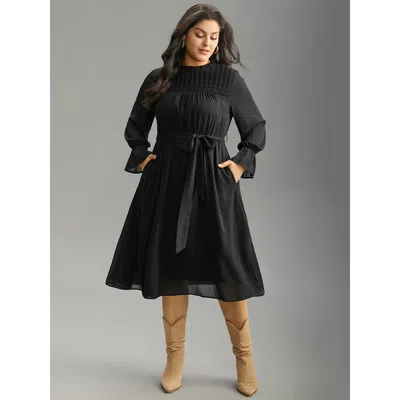 Bloomchic Women's Plus Size Plain Pleated Stand Collar Shirred Ruffles Dress Black Office Plain 28/5x