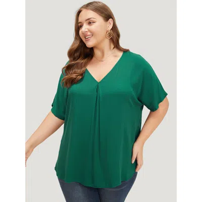 Bloomchic Women's Plus Size Plain Plicated Detail Batwing Sleeve Curved Hem Blouse Armygreen Office Short Slee