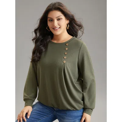 Bloomchic Women's Plus Size Plain Plicated Detail Button Detail Sweatshirt Sage Plain Dailywear 14-16/1x In Green