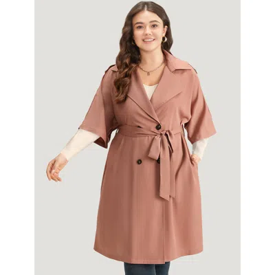 Bloomchic Women's Plus Size Plain Pocket Button Up Belted Lapel Collar Coat Rouge Plain 12/l In Red