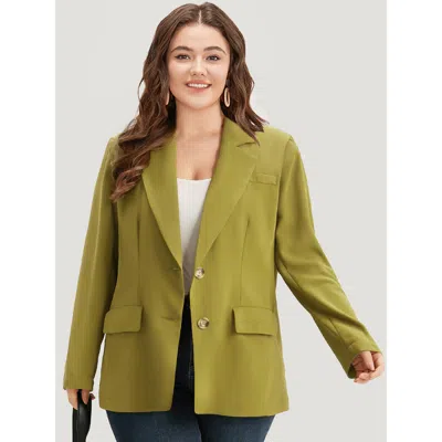 Bloomchic Women's Plus Size Plain Pocket Button Up Suit Collar Blazer Olive Plain Plain Sleeve Long Sleeve 28/ In Green