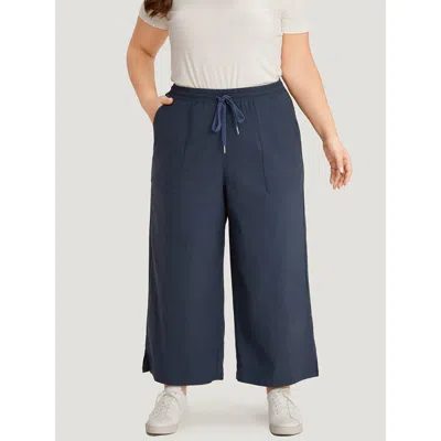 Bloomchic Women's Plus Size Plain Pocket Drawstring Split Hemwide Leg Pants Indigo Mid Rise Office 10/m In Purple