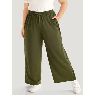 Bloomchic Women's Plus Size Plain Pocket Elastic Waist Button Detail Drawstring Sweatpants Armygreen Dailywear