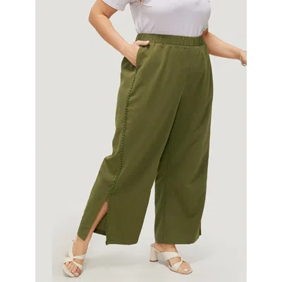 Bloomchic Women's Plus Size Plain Pocket Elastic Waist Pompom Detail Split Pants Armygreen Mid Rise Dailywear 