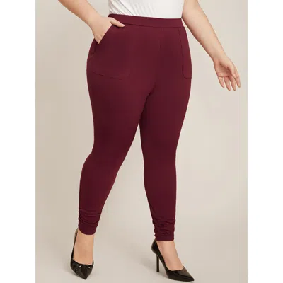 Bloomchic Women's Plus Size Plain Pocket Elastic Waist Ruched Hem Skinny Pants Scarlet Solid High Rise Office  In Red