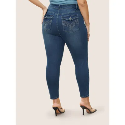 Bloomchic Women's Plus Size Plain Pocket Embroidered Skinny Jeans Indigo Plain Non High Stretch 10/m In Purple