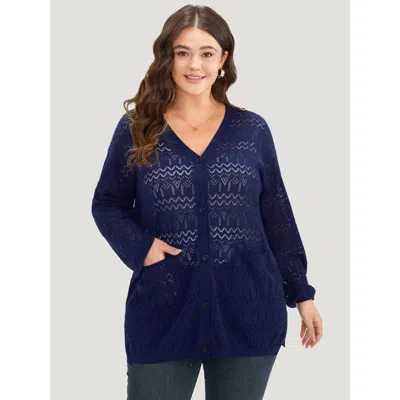 Bloomchic Women's Plus Size Plain Pocket Hollow Out Button Through Cardigan Indigo Long Sleeve 22-24/3x In Purple