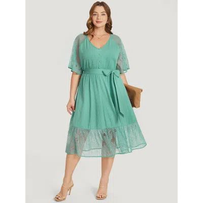 Bloomchic Women's Plus Size Plain Pocket Lace Raglan Sleeve Ruffle Belted Plisse Dress Mint Office Plain 30/6x In Green