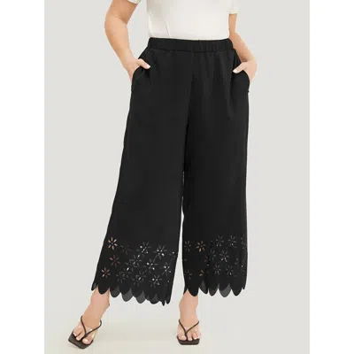 Bloomchic Women's Plus Size Plain Pocket Laser Cut Pants Black High Rise Dailywear 10/m