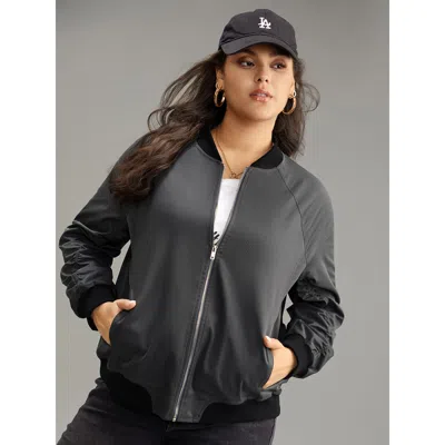Bloomchic Women's Plus Size Plain Pocket Patchwork Zipper Bomber Jacket Dimgray Elastic Cuffs 12/l