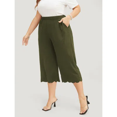 Bloomchic Women's Plus Size Plain Pocket Scalloped Trim Pants Armygreen High Rise Dailywear 10/m