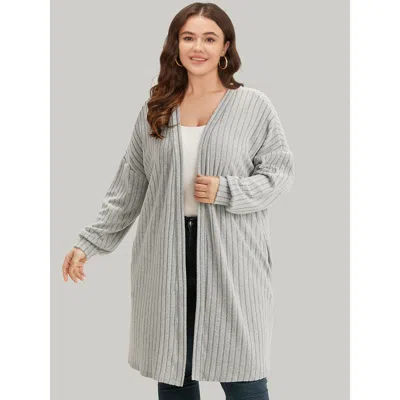 Bloomchic Women's Plus Size Plain Pocket Texture Open Front Kimono Gray Texture Pocket 12/l