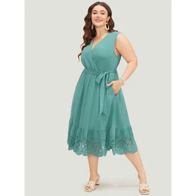 Bloomchic Women's Plus Size Plain Pocket Wrap Belted Laser Cut Flutter Tank Dress Emerald Dailywear Cross Stra In Green