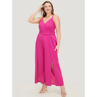Bloomchic Women's Plus Size Plain Pocket Wrap Buckle Belt Jumpsuit Magenta Going Out 30/6x In Purple