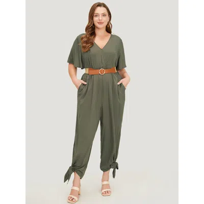 Bloomchic Women's Plus Size Plain Pocket Wrap Cut Out Knotted Hem Jumpsuit Armygreen Office 30/6x