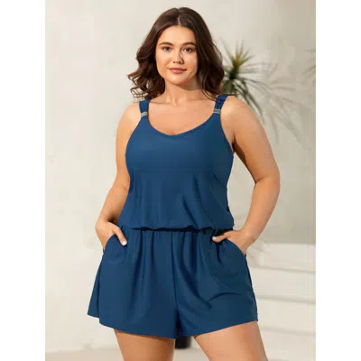 Bloomchic Women's Plus Size Plain Pockets Adjustable One-piece Swimsuit Aegean Solid Non Bust Support 10/m In Blue