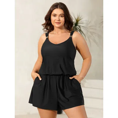 Bloomchic Women's Plus Size Plain Pockets Adjustable One-piece Swimsuit Black Solid Non Bust Support 22-24/3x