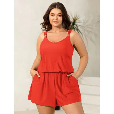 Bloomchic Women's Plus Size Plain Pockets Adjustable One-piece Swimsuit Brightorange Solid Non Bust Support 14