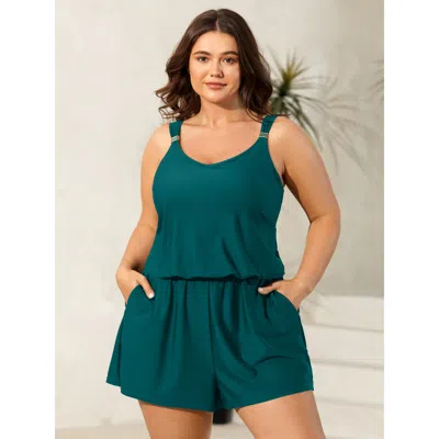 Bloomchic Women's Plus Size Plain Pockets Adjustable One-piece Swimsuit Cyan Solid Non Bust Support 12/l In Blue