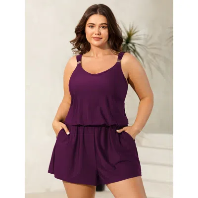 Bloomchic Women's Plus Size Plain Pockets Adjustable One-piece Swimsuit Deeppurple Solid Non Bust Support 10/m
