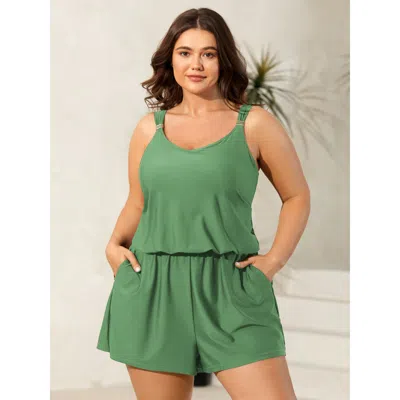 Bloomchic Women's Plus Size Plain Pockets Adjustable One-piece Swimsuit Greenbean Solid Non Bust Support 10/m