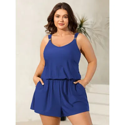 Bloomchic Women's Plus Size Plain Pockets Adjustable One-piece Swimsuit Navy Solid Non Bust Support 22-24/3x In Blue