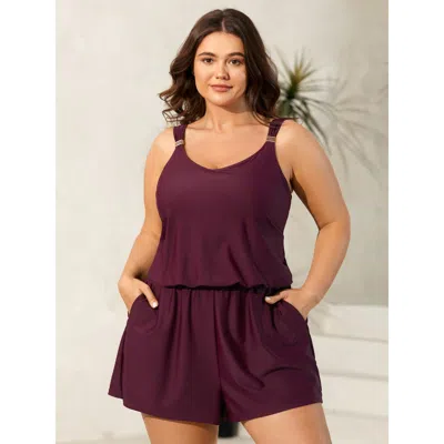 Bloomchic Women's Plus Size Plain Pockets Adjustable One-piece Swimsuit Plum Solid Non Bust Support 10/m In Purple