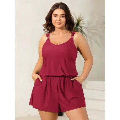 Bloomchic Women's Plus Size Plain Pockets Adjustable One-piece Swimsuit Scarlet Solid Non Bust Support 12/l In Red