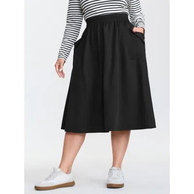 Bloomchic Women's Plus Size Plain Pockets A-line Midi Skirt Black Smocked Straight Fit Casual 10/m