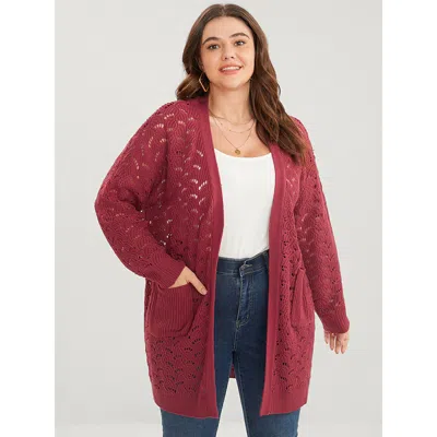 Bloomchic Women's Plus Size Plain Pointelle Knit Cut Out Pocket Open Front Mid Long Cardigan Burgundy Long Sle