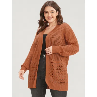 Bloomchic Women's Plus Size Plain Pointelle Knit Open Front Asymmetrical Cut Out Cardigan Chocolate Long Sleev In Brown