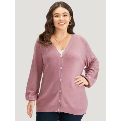 Bloomchic Women's Plus Size Plain Raglan Sleeve Eyelet Button Fly Cardigan Rouge Long Sleeve 12/l In Red