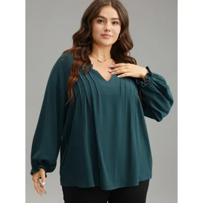 Bloomchic Women's Plus Size Plain Raglan Sleeve Plicated Detail Blouse Cyan Office Long Sleeve 10/m In Blue