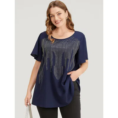Bloomchic Women's Plus Size Plain Rhinestones Detail Ruffles Sleeve Blouse Aegean Dailywear Short Sleeve 14-16 In Blue