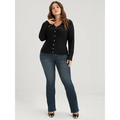 Bloomchic Women's Plus Size Plain Rib Knit Button Front Knit Top Black Plain Long Sleeve 22-24/3x