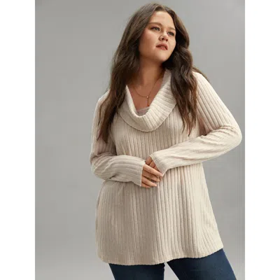 Bloomchic Women's Plus Size Plain Rib Knit Cowl Neck T-shirt Apricot Solid Casual Long Sleeve Wide Lapel 26/4x In Orange