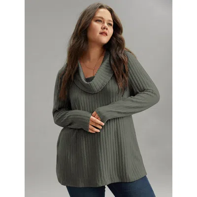 Bloomchic Women's Plus Size Plain Rib Knit Cowl Neck T-shirt Green Solid Casual Long Sleeve Wide Lapel 12/l