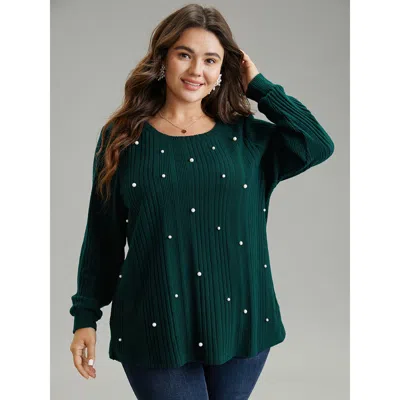 Bloomchic Women's Plus Size Plain Rib Knit Pearl Beaded Sweatshirt Darkgreen Plain Dailywear 14-16/1x In Green