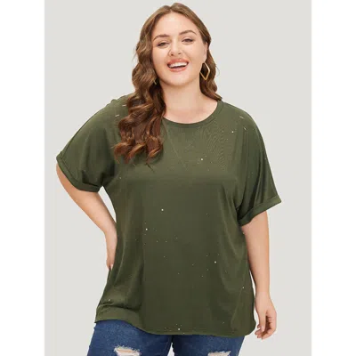 Bloomchic Women's Plus Size Plain Ripped Detail Crew Neck T-shirt Sage Dailywear Short Sleeve 12/l In Green