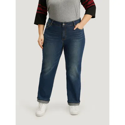 Bloomchic Women's Plus Size Plain Roll Hem Medium Wash Full Length Jeans Indigo Plain Plain High Stretch 10/m In Purple