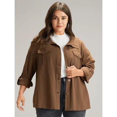 Bloomchic Women's Plus Size Plain Roll Tab Sleeve Button Down Coat Bronze Plain 12/l In Brown