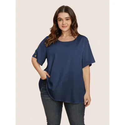 Bloomchic Women's Plus Size Plain Round Neck Button Detail Blouse Indigo Non Everyday Short Sleeve 10/m In Purple
