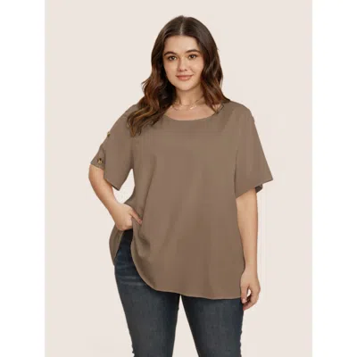Bloomchic Women's Plus Size Plain Round Neck Button Detail Blouse Tan Non Everyday Short Sleeve 10/m In Brown