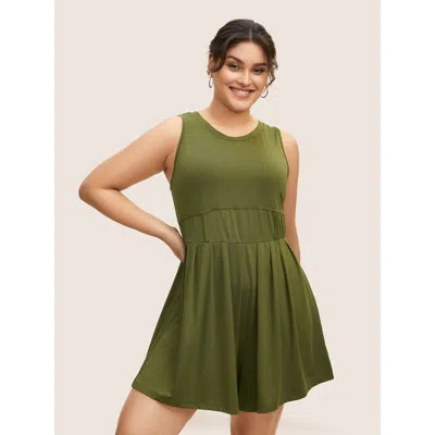 Bloomchic Women's Plus Size Plain Round Neck Cinching Waist Romper Armygreen Everyday Low Stretch 10/m