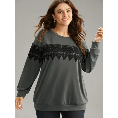 Bloomchic Women's Plus Size Plain Round Neck Patchwork Lace Panel Sweatshirt Dimgray Bohemian Print Dailywear 