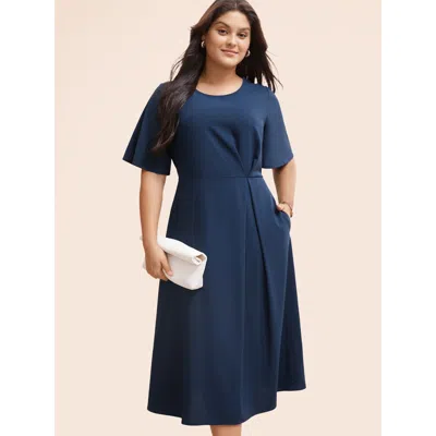 Bloomchic Women's Plus Size Plain Round Neck Plicated Detail Dress Indigo Solid Midi Office Non 10/m In Purple