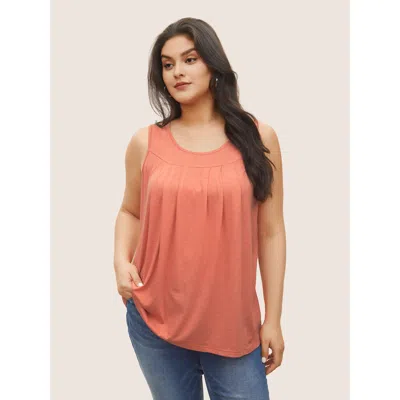Bloomchic Women's Plus Size Plain Round Neck Plicated Detail Tank Top Salmon Elegant A-line 14-16/1x In Pink