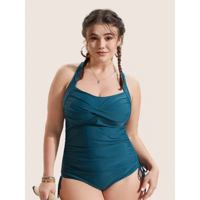 Bloomchic Women's Plus Size Plain Ruched Crossover Drawstring One Piece Swimsuit Cyan Non Twist Adaptive-fit 2 In Blue